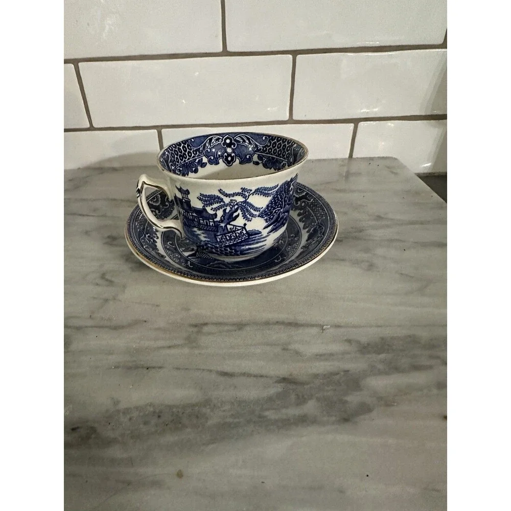 Vintage Burleigh Ware Blue Willow Coffee Tea Cup Saucer Made in England Gilt